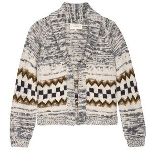THE GREAT. Geo Check Lodge Sweater Open Cardigan Marled Grey